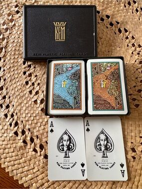 Vintage KEM Jade Plastic Playing Cards Double Deck Case No Jokers Japanese Scene